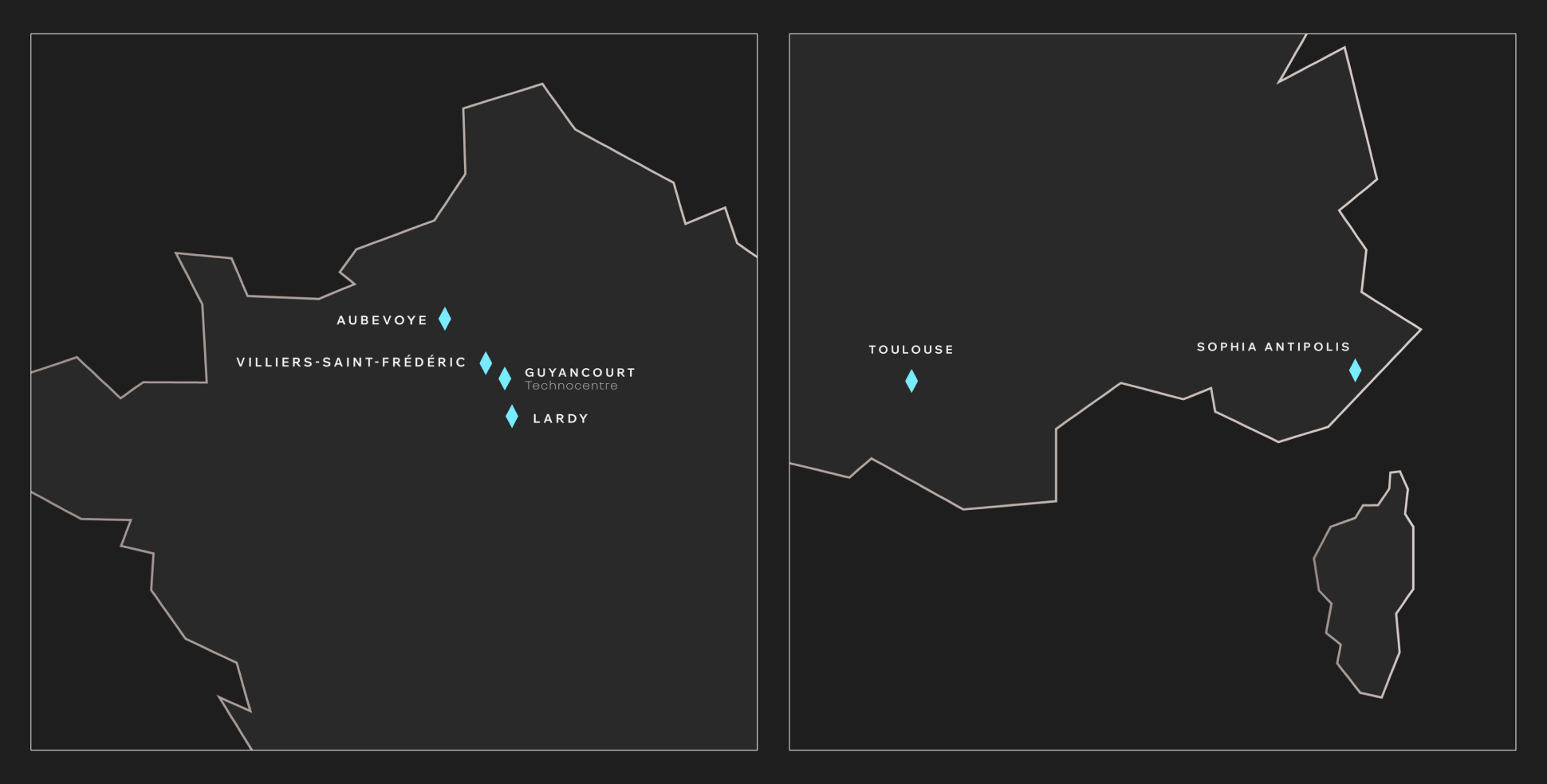 Map showing the location of Ampere engineering sites. It shows 6 points located in Aubevoye, Villiers-Saint-Frédéric, Guyancourt, Lardy, Toulouse and Sophia Antipolis.